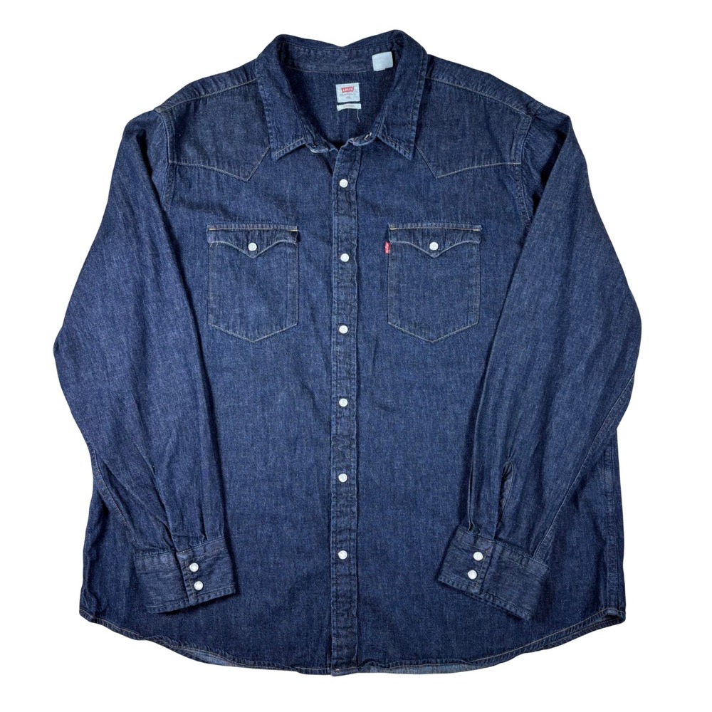 Levis Mens XXL Standard Western Shirt Dark Wash Denim Pearl Snap Long Sleeve